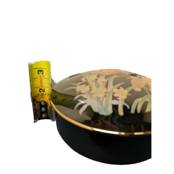 Vintage Japanese Trinket Jewelry Box Black Round Kingfisher Bird Iris Flowers - Picture 5 of 6